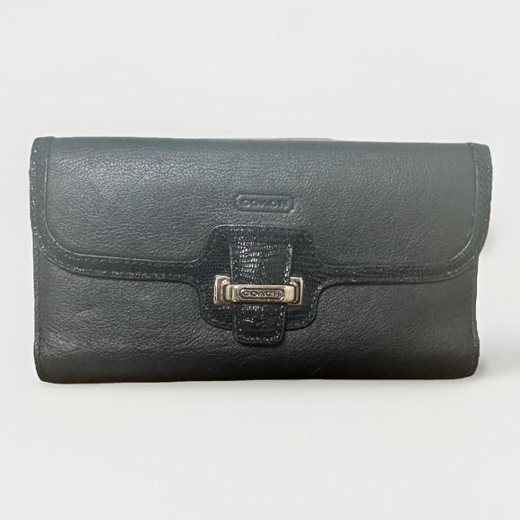Coach Black Leather Trifold Long Wallet Snakeskin Trim Buckle Snap New - Picture 1 of 8